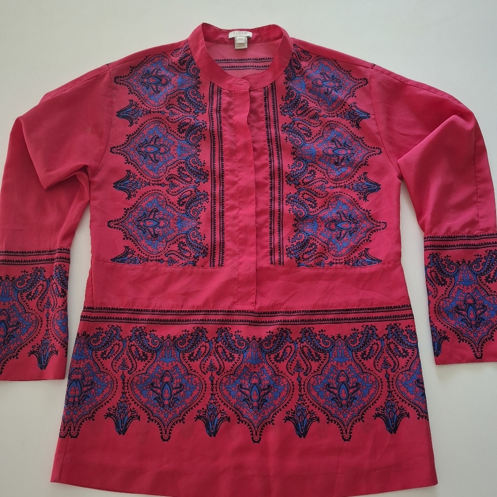 J.Crew Vibrant Pink Tunic with Blue Embroidery.